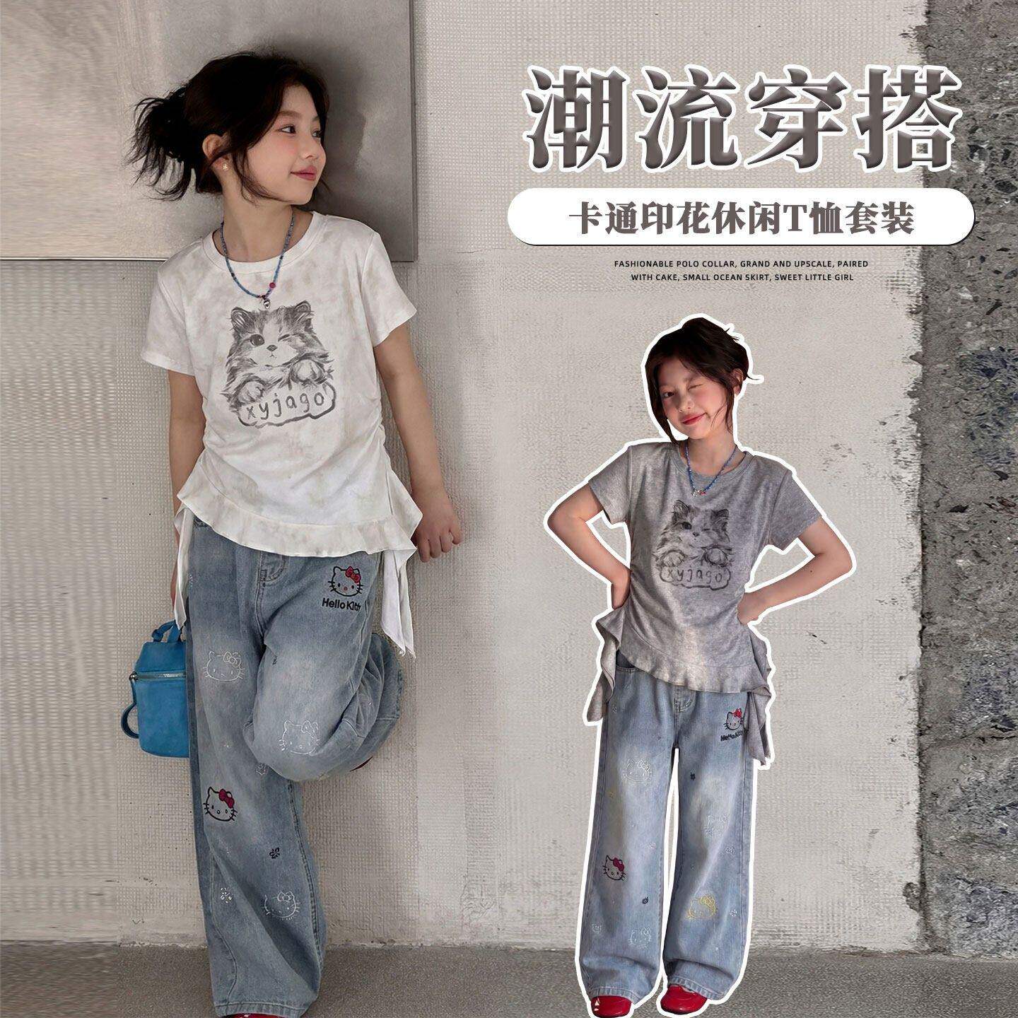女童时髦套装夏季韩版洋气中大童小女孩猫咪印花T恤牛仔裤两件套
