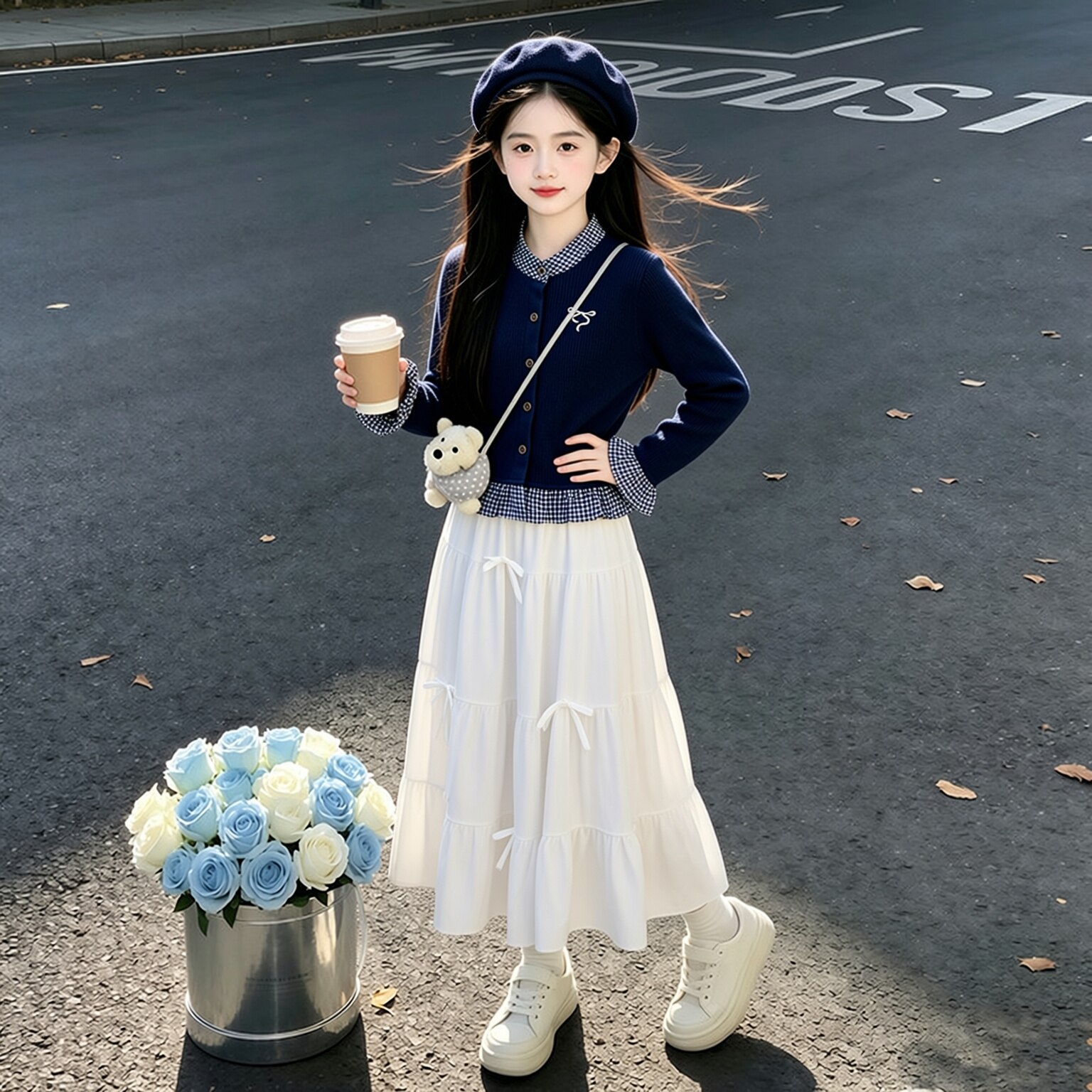 女童半身裙套装2026新款假两件针织衫百褶裙女孩春秋学院风两件套