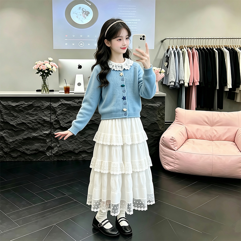 儿童装女童秋装毛衣打底半身裙套装2026新款中大童女孩秋款三件套