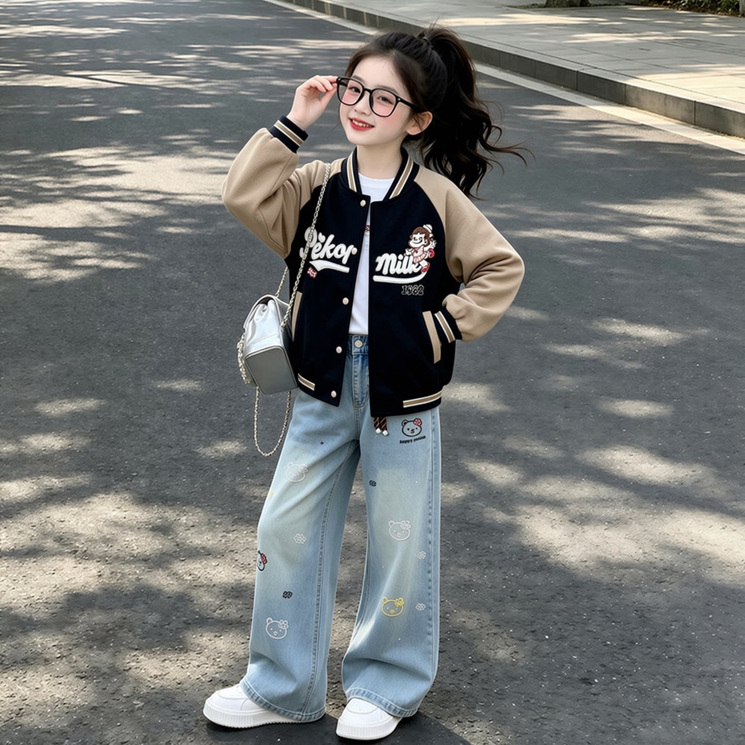 女童春秋新款复古港风牛仔套装儿童秋季夹克外套阔腿裤休闲两件套