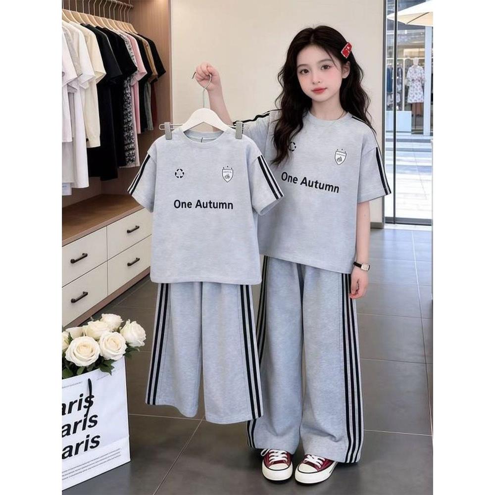 女童夏季字母拉条裤T恤两件套