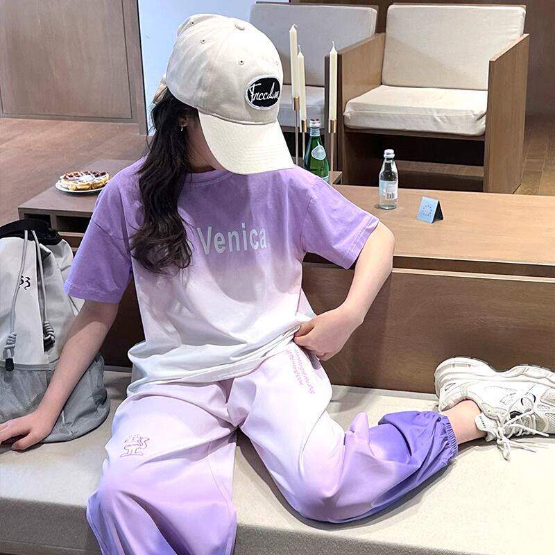 女童休闲运动套装夏季洋气中大童女孩渐变短袖冰丝速干长裤两件套