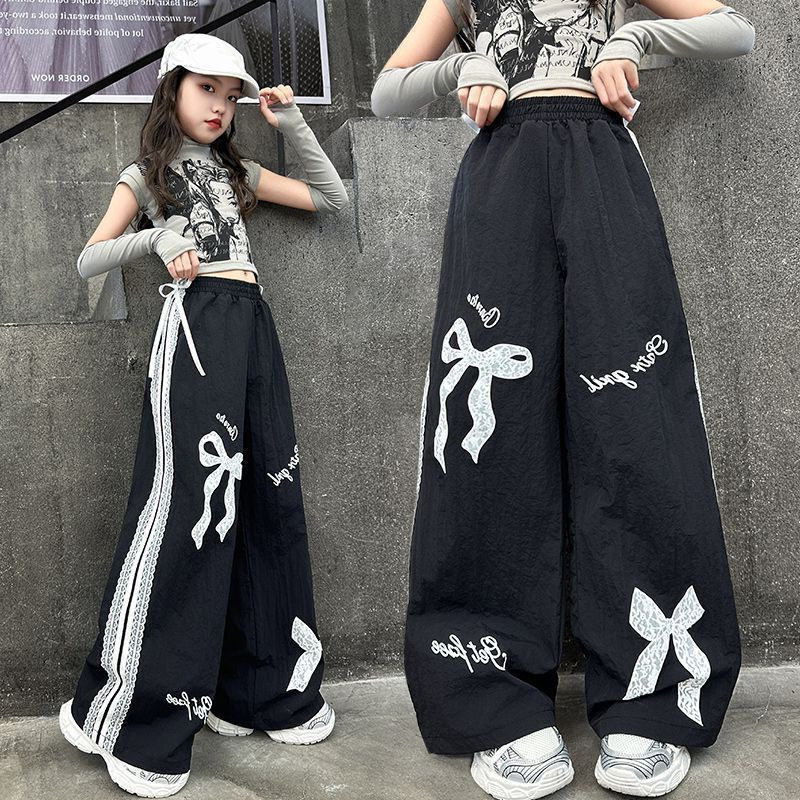 女童美式复古蝴蝶结蕾丝裤子潮酷甜辣风少儿街舞演出服jazz阔腿裤