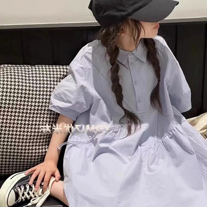 女童连衣裙夏装网红中大童学院风衬衫裙甜美小女孩POLO领休闲长裙