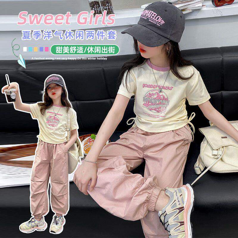女童时髦运动套装夏季洋气中大童小女孩短袖T恤工装裤休闲两件套