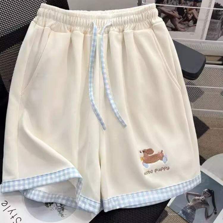 女童腊肠狗裤子夏季洋气中大童拼接刺绣短裤小女孩休闲百搭阔腿裤
