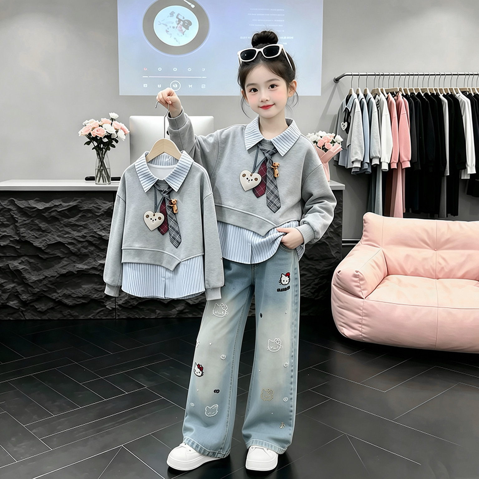 女童秋装假两件卫衣套装2026春秋季新款中大童阔腿牛仔裤两件套潮