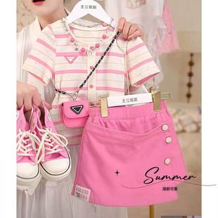 女童多巴胺短袖裙裤套装夏季2026新款女孩条纹T恤甜美短裙两件套