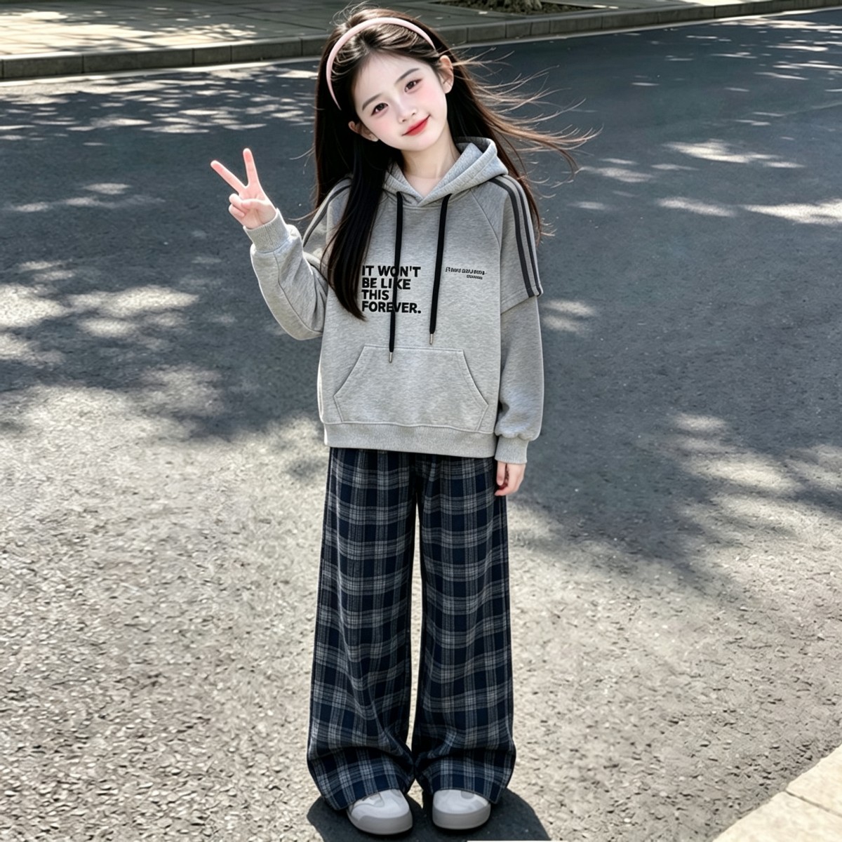 女童秋季连帽卫衣格子裤两件套