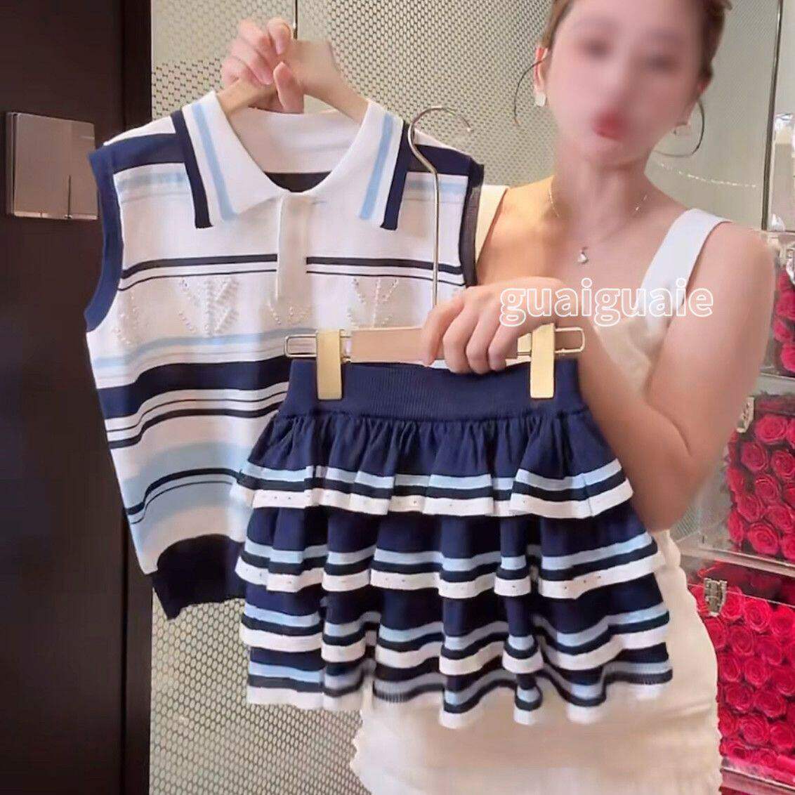 女童学院风套装裙夏季洋气中大童女孩polo领条纹背心蛋糕裙两件套