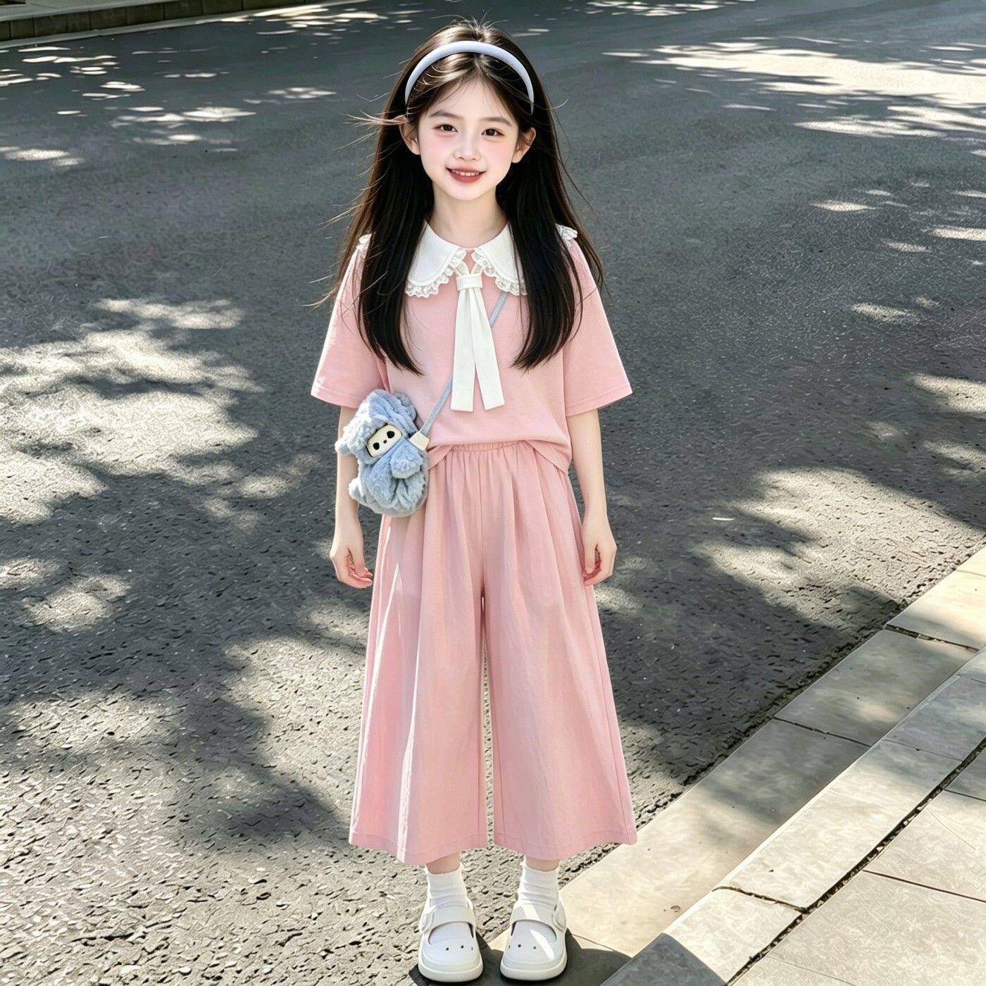 女大童夏季娃娃领T恤阔腿裤套装