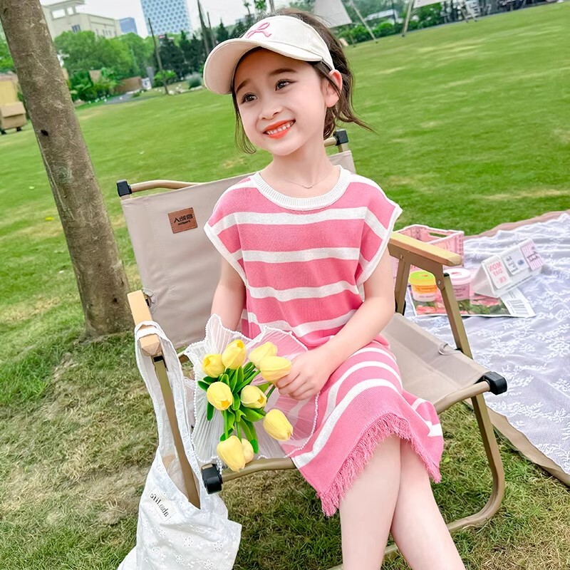 女童连衣裙夏季洋气儿童装宝宝无袖背心裙小女孩条纹长款T恤裙潮