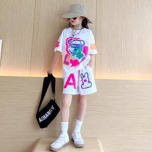 女童短袖短裤套装夏季韩版洋气中大童小女孩涂鸦运动服炸街两件套