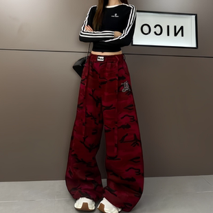 美式复古迷彩工装裤女2026春季新款高腰宽松阔腿裤休闲运动卫裤