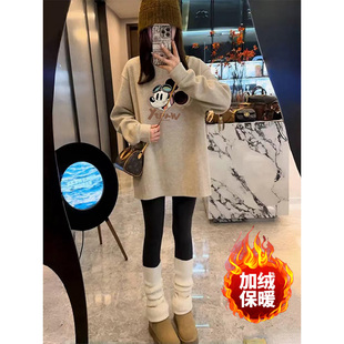 ins超火巨好看德绒圆领设计感卫衣女秋冬加绒遮肚子中长款上衣女