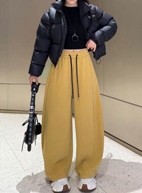 姜黄色加绒加厚休闲弯刀裤女春秋季新款高腰宽松显瘦百搭香蕉裤子