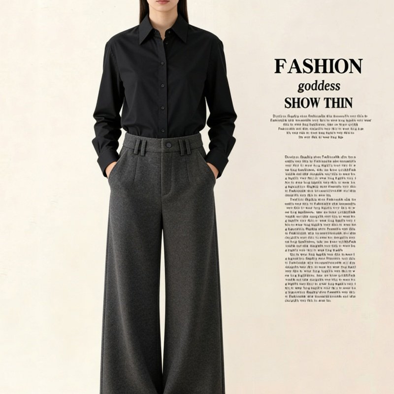 深灰色羊毛呢阔腿休闲西裤女高腰春秋新款加绒百搭宽松直筒九分裤,女装/女士精品,休闲裤,淘宝优惠券,粉丝福利购,淘宝优惠卷