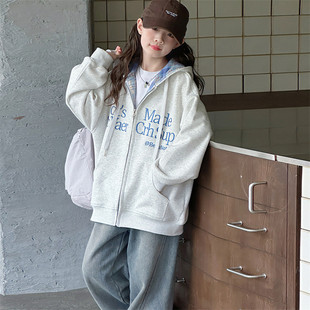 女童秋冬装外套2025新款10岁小女孩连帽灰色卫衣开衫13加绒棒球服