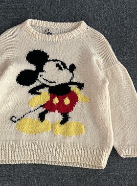 古着vintage手工羊毛编织米奇Mickey米色图案毛衣美式复古外套