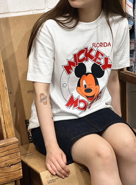 买梦想的奶奶大Mickey米奇265克复古直筒短袖纯白色tee美式情侣装