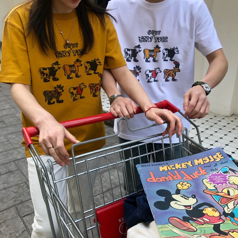 买梦想的奶奶小奶牛可爱厚实纯棉新姜黄圆领T恤男女短袖打底衫情