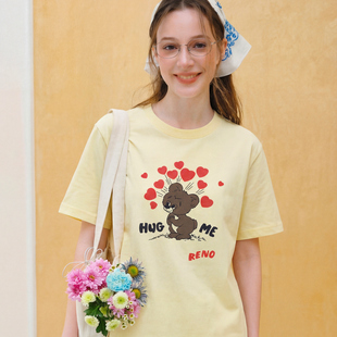 买梦想 女慵懒风减龄百搭学生上衣 奶奶日系复古奶黄小熊爱心短袖