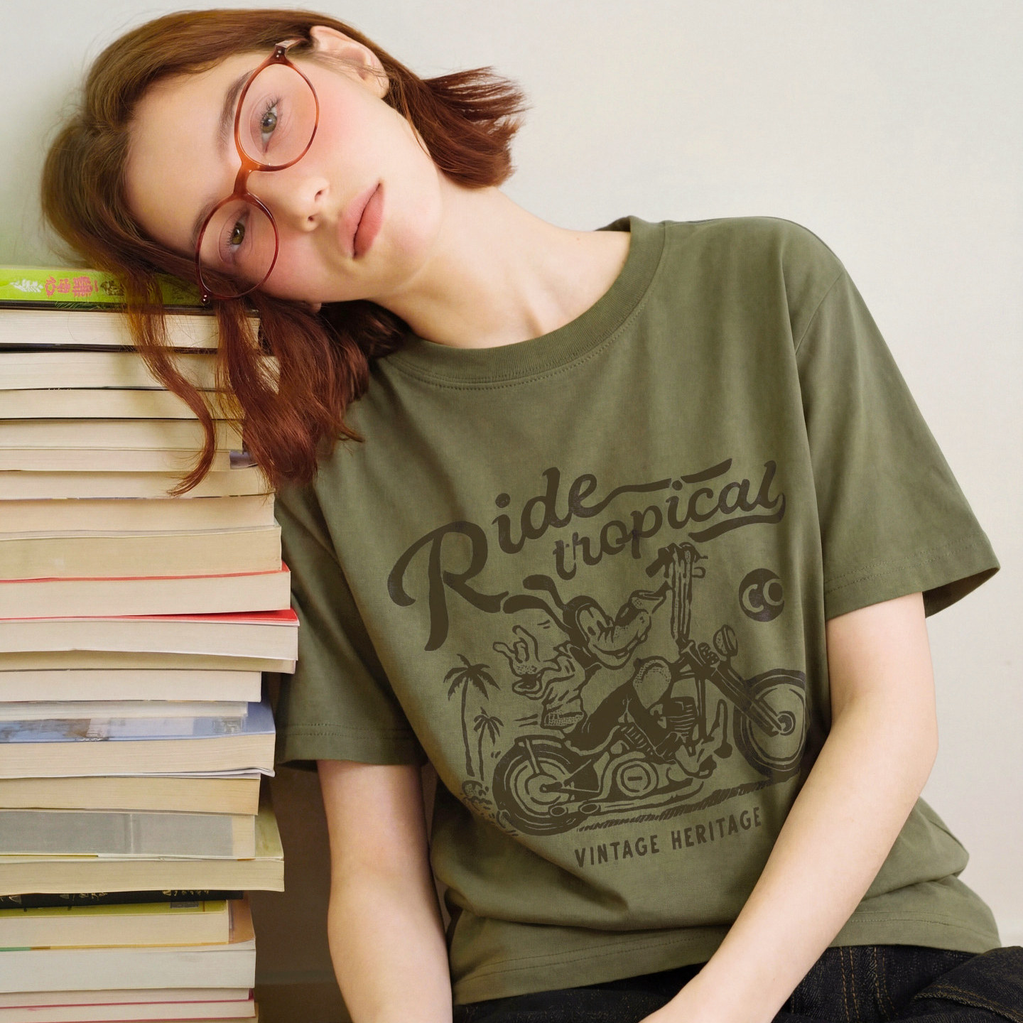 买梦想的奶奶美式复古高飞摩托车印花T恤军绿色做旧情侣短袖上衣