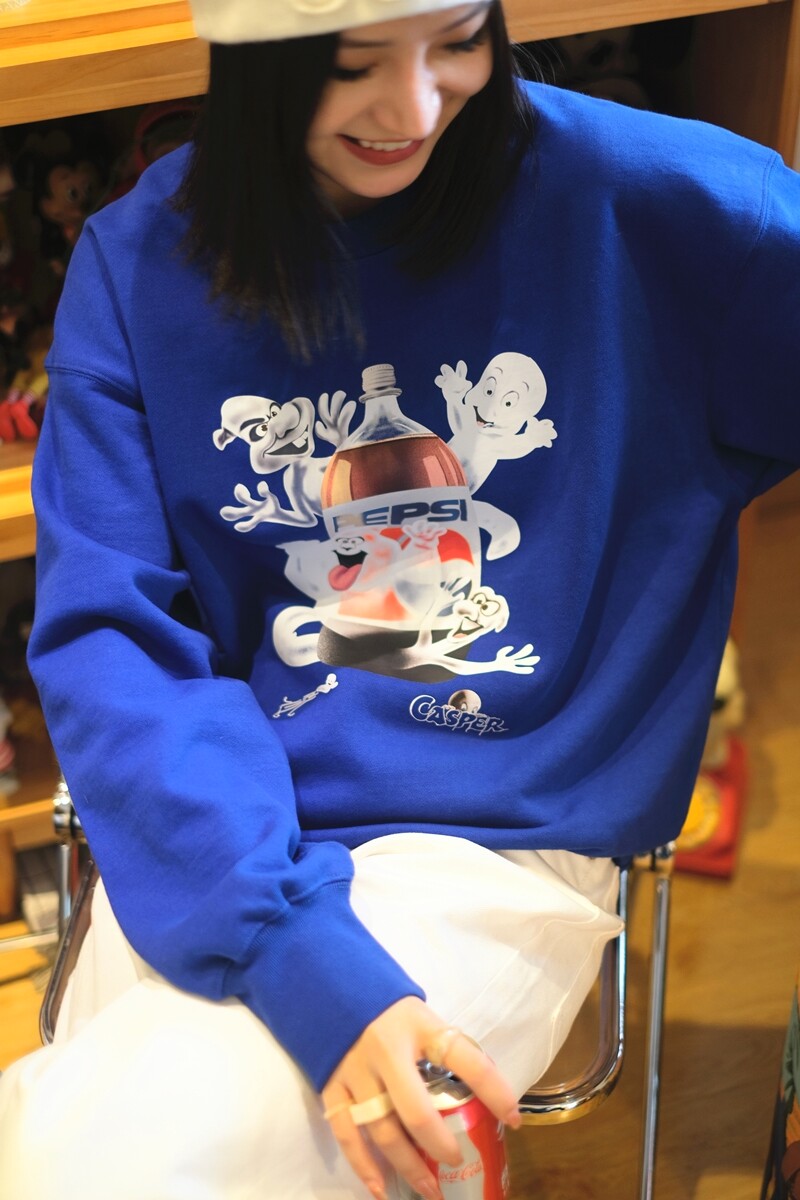 casper百事可乐经典蓝美式宽松落肩圆领轻起绒毛圈长袖厚卫衣男女