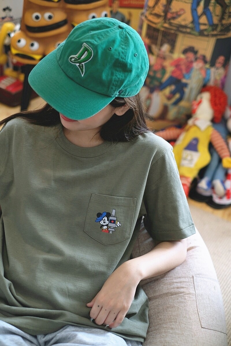 买梦想的奶奶三叶绿米奇摄像机老织机桶织全棉竹节滚领带口袋短袖