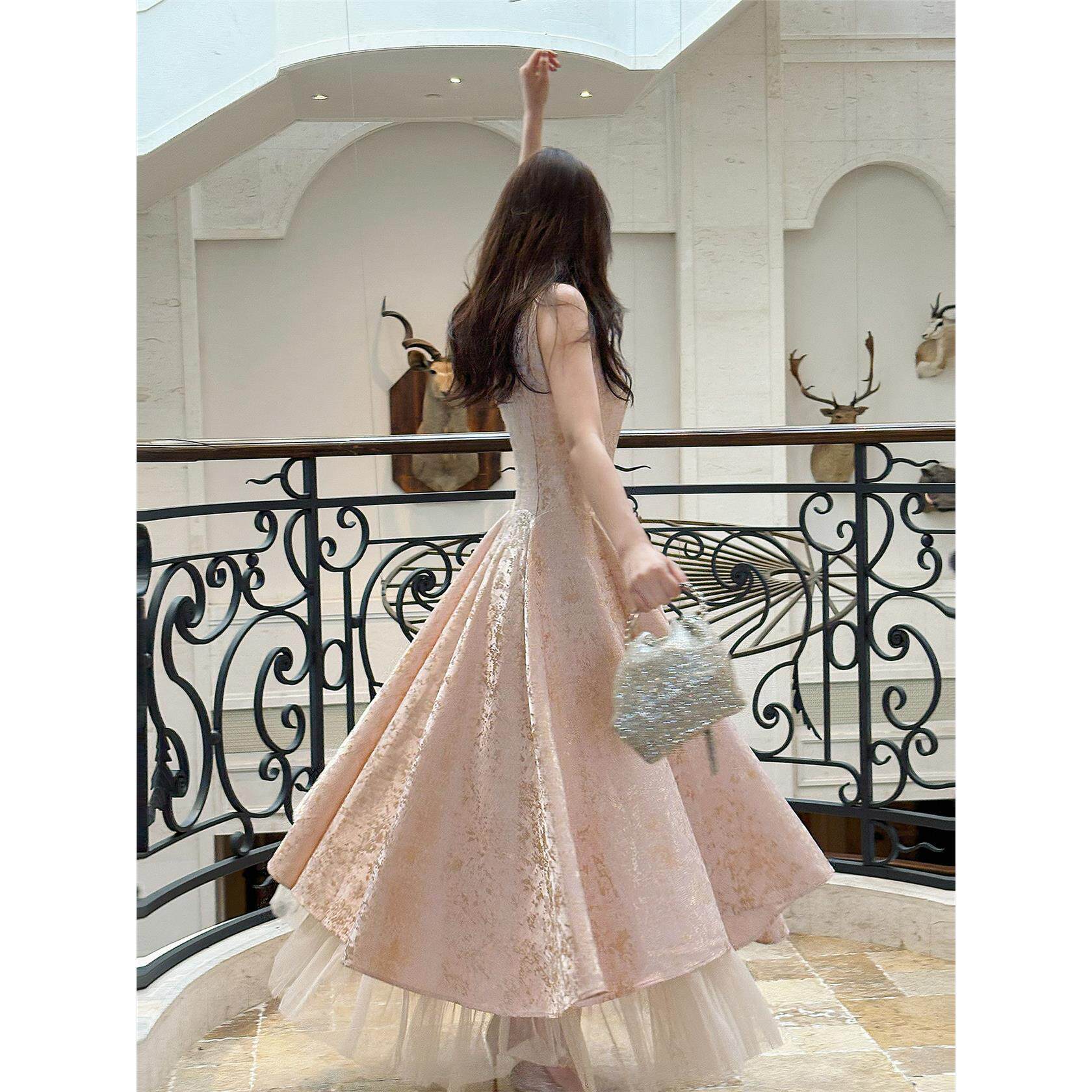 Good Job【金粉世家】法式粉色镶钻提花网纱连衣裙女生日出片礼服