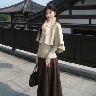 2026新款千金斗篷披肩针织内搭连衣裙子女早春高级感穿搭长裙套装