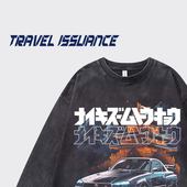 酷车一辆 TRAVEL ISSUANCE 欧美街头做旧水洗汽车印花宽松卫衣bf