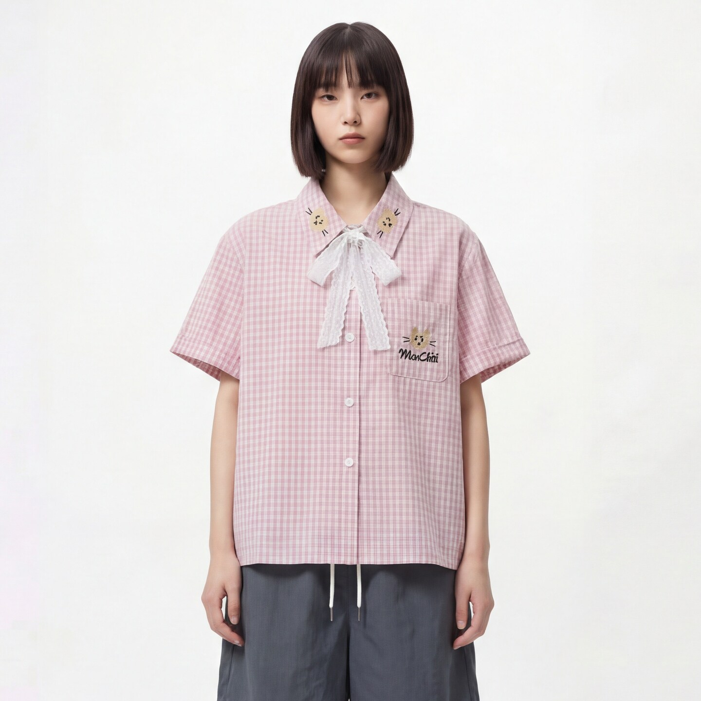TRAVEL ISSUANCE 粉格猫绣 学院风短袖口袋刺绣宽松休闲衬衣百搭
