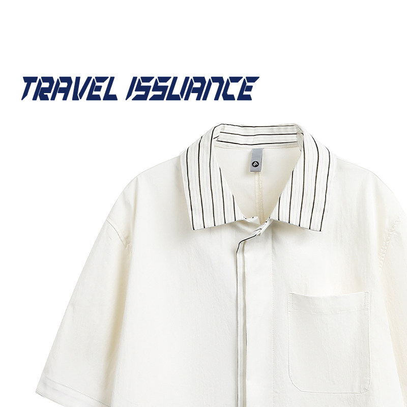 TRAVEL ISSUANCE 等了那么久 日系撞色假两件宽松休闲短袖衬衫BF
