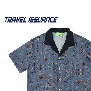 TRAVEL ISSUANCE 乱乱糟糟 日系设计感百搭复古印花宽松短袖衬衫