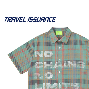TRAVEL ISSUANCE 字母格纹 街头vintage短袖衬衫磨损字母标语宽松