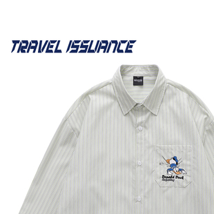 TRAVEL ISSUANCE 走向前看 街头格子卡通刺绣条纹宽松长袖衬衫潮
