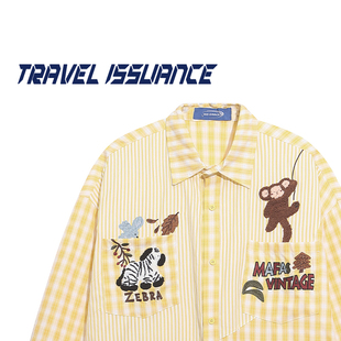 TRAVEL ISSUANCE 回头看看 卡通动物刺绣格子宽松长袖衬衫休闲潮