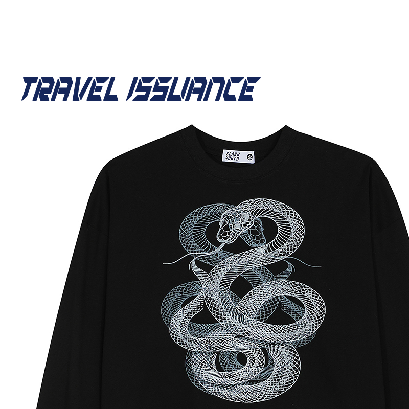 蛇印花宽松圆领长袖T恤男女BF