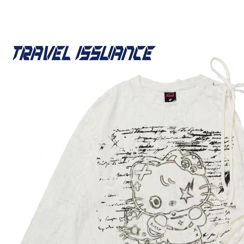 猫咪刺绣宽松露肩抽绳长袖T恤女