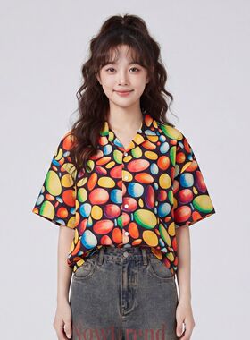 彩色石纹宽松休闲男女短袖衬衫