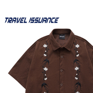 TRAVEL ISSUANCE 夏花不误 复古花卉刺绣夏季灯芯绒宽松短袖衬衫