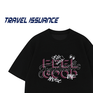 TRAVEL ISSUANCE 冷酷的风 欧美潮牌趣味字母印花宽松圆领短袖T恤