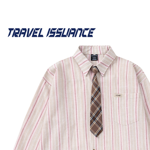 TRAVEL ISSUANCE 等你下课 美式宽松bf休闲领带条纹长袖衬衫男女