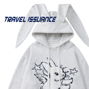 TRAVEL ISSUANCE 怡然自得 ins潮牌兔子刺绣宽松加绒保暖连帽卫衣