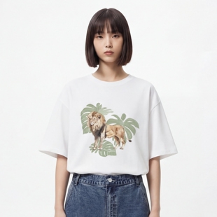 TRAVEL ISSUANCE 热带植物狮子 夏季清新森系风上衣圆领短袖T恤潮