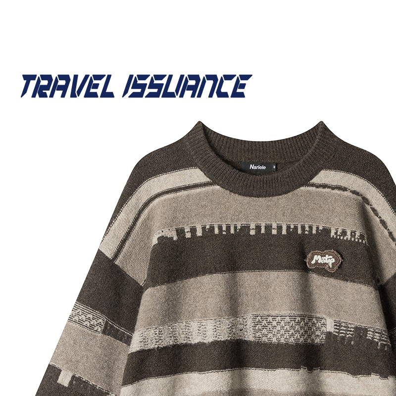 复古条纹撞色圆领宽松BF毛衣女