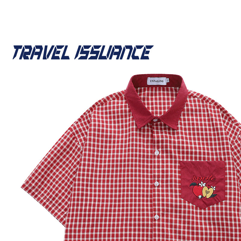 TRAVEL ISSUANCE 格兜苹绣 撞布贴小格字母宽松BF短袖衬衫男女
