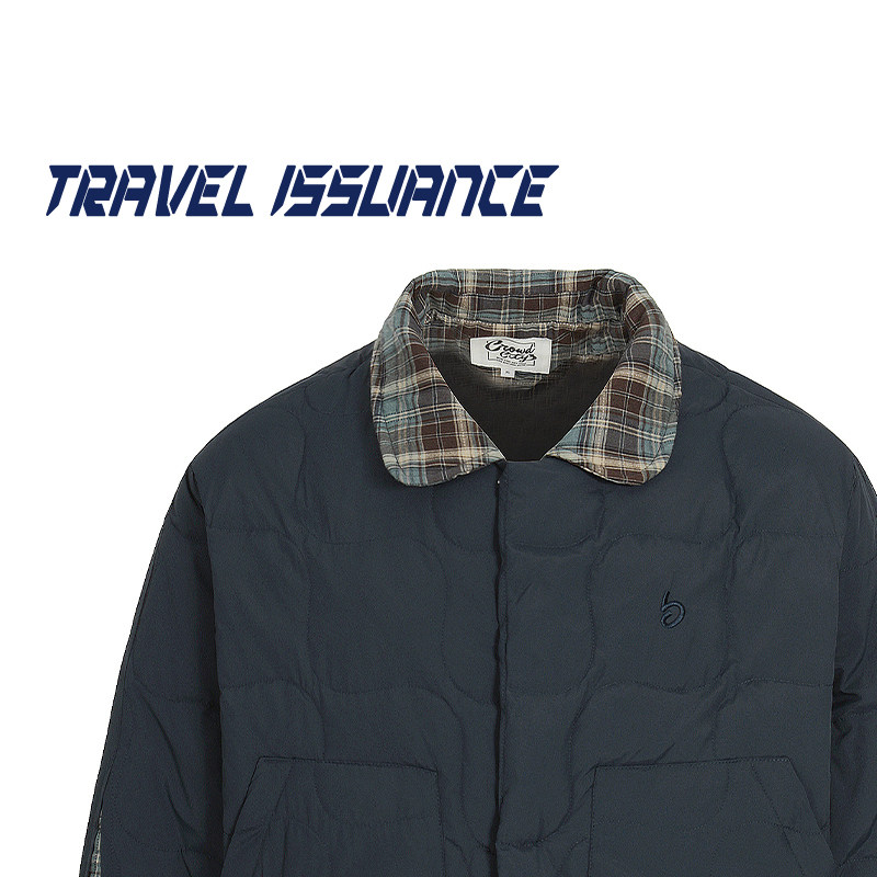 TRAVEL ISSUANCE 顺从自己 潮牌假两件拼接彩格宽松羽绒服外套BF