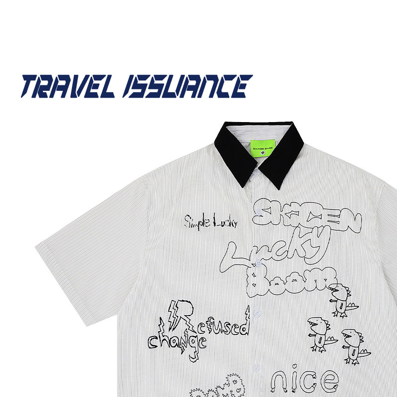 TRAVEL ISSUANCE 那般耀眼 潮休闲条纹卡通印花宽松短袖衬衫男女,男装,衬衫,淘宝优惠券,粉丝福利购,淘宝优惠卷